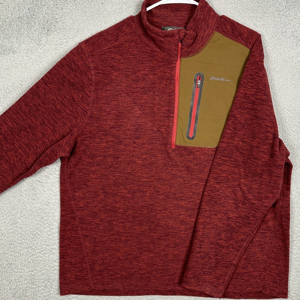 Eddie Bauer Sweater Mens XL Red Heather Quarter Zip Pullover Pocket Outdoor EUC
